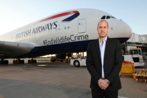 HRH Prince William, The Duke of Cambridge departs Heathrow on a British Airways A380 aircraft displaying the message #EndWildlifeCrime, on September 23, 2018 in London, England. The flight is kicking off a mission to highlight the urgent global threat to wildlife and people from the illegal wildlife trade.