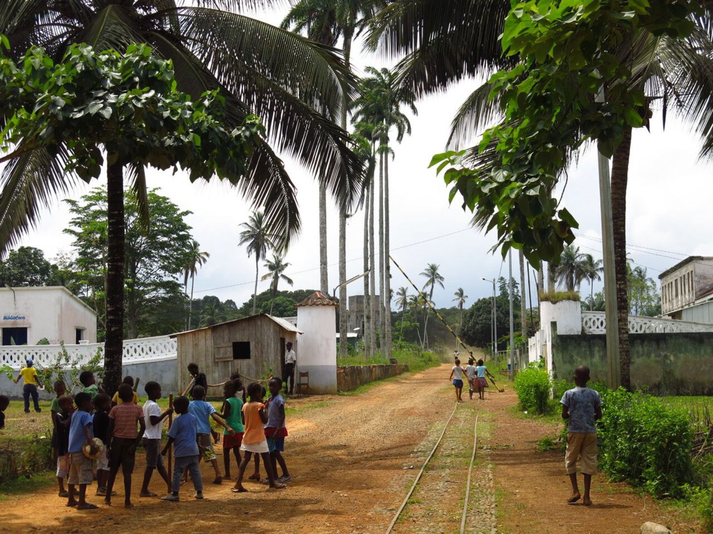 A small but bustling community - the old railway line used to transport the cacao on the island.
